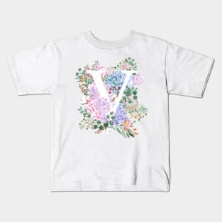 botanical monogram alphabet V hydrangea flowers Kids T-Shirt